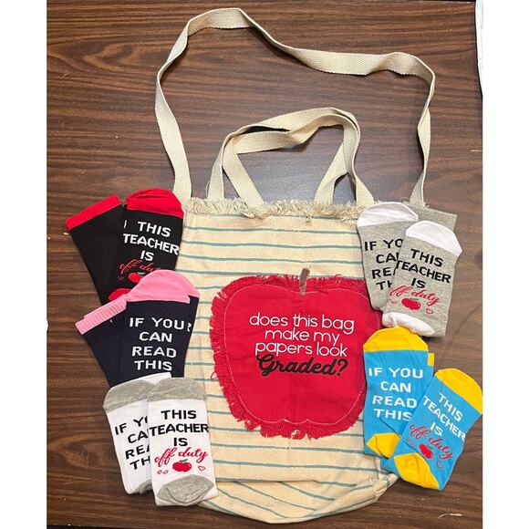 Mudpie Handbags - Teacher tote bag and 5 pair sock bundle Education